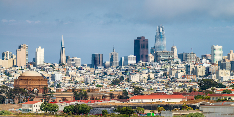 San Francisco skyline with Palace of the Arts in the foreground