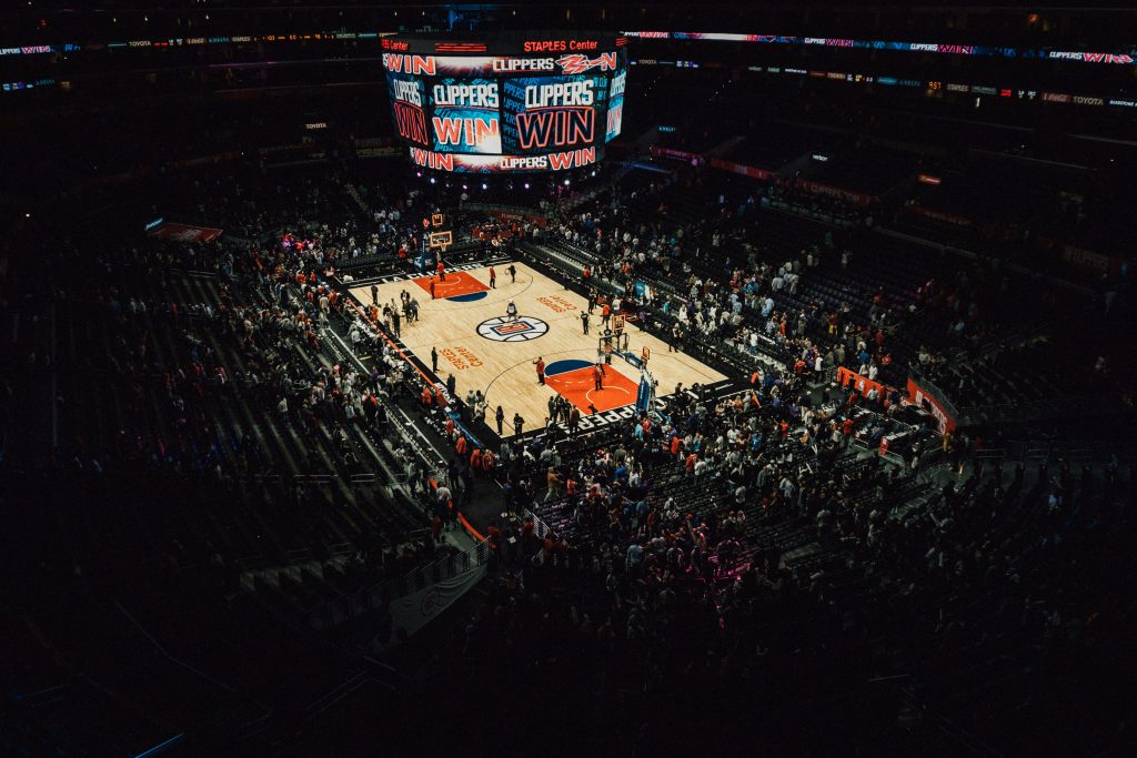 Aerial shot during live basketball game in Cryptocom Arena