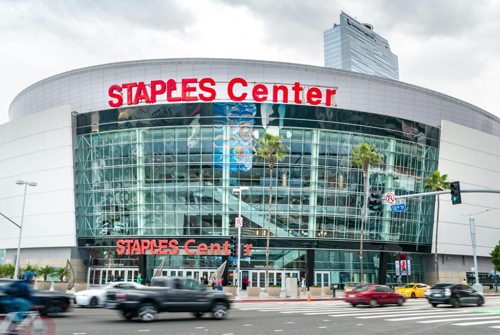 View of Staples Center on a cloudy day in Los Angeles