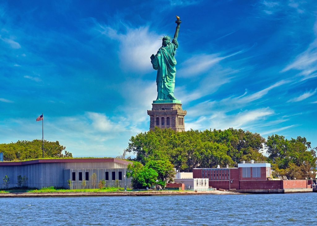 View of back of Statue of Liberty monument