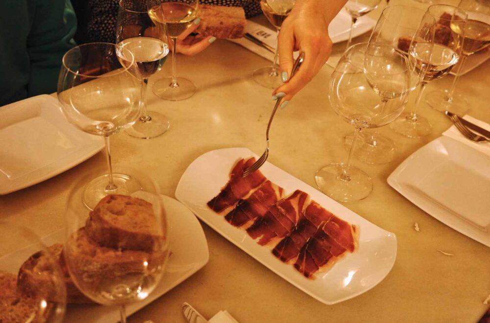 View of wine and Spanish Ham during Wine and Food Tasting in Barcelona