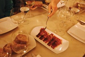 View of wine and Spanish Ham during Wine and Food Tasting in Barcelona