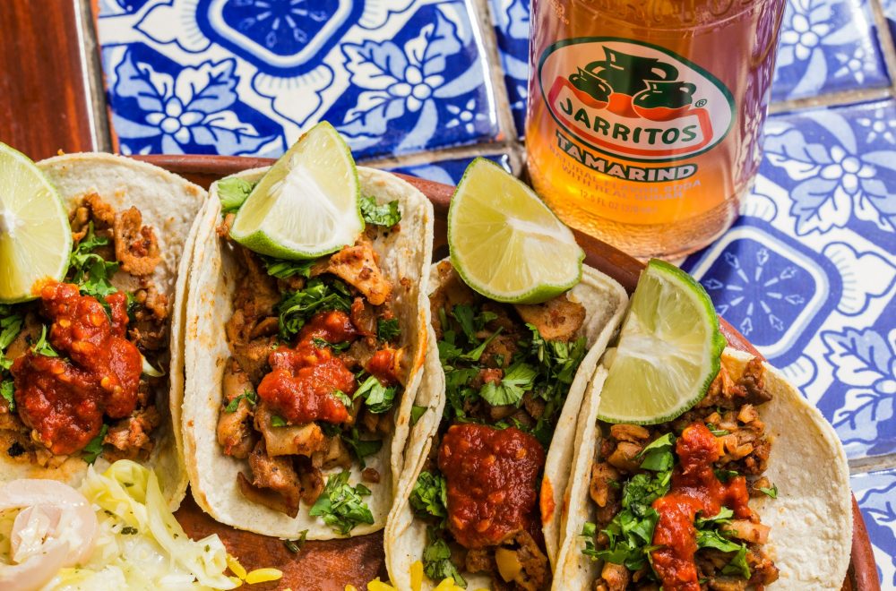 Gourmet Mexican street food tacos and mexican soda