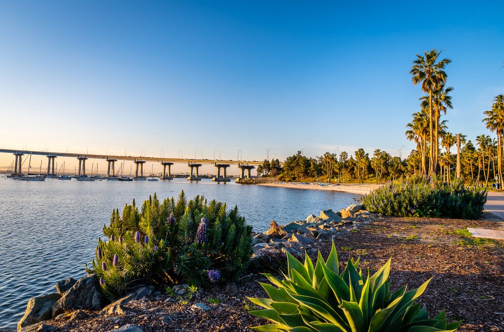 Sunrise and the San Diego skyline from Coronado Island
