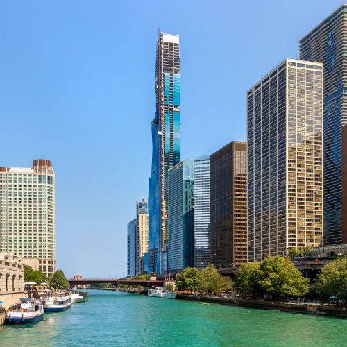 Chicago Riverwalk with architecture in background