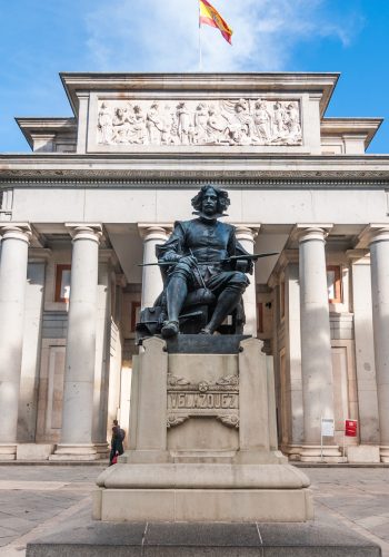 Clear sky and warm day for a visit to The Prado Museum.  Front entrance and terrace to the Museo del Prado, Spanish national art museum, located in central Madrid.