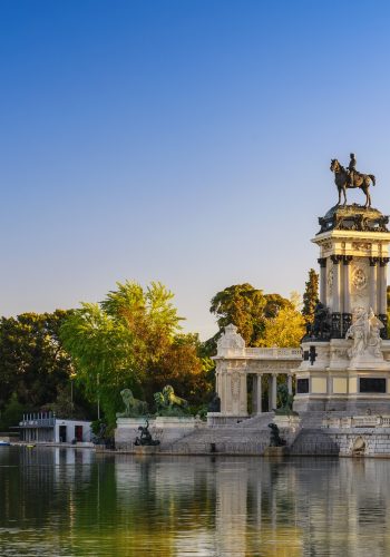 Madrid Spain, city skyline at El Retiro Park