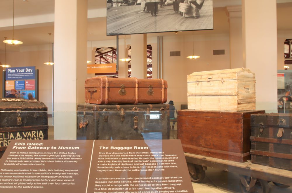 Closeup of Baggage display in Ellis Island during Statue of Liberty tour
