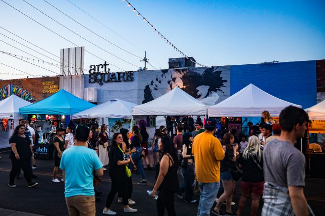 Crowded Art Square during Las Vegas Arts District Tour