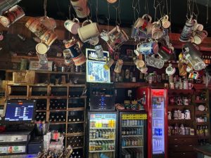 Mugs hanging from the ceiling in a Las Vegas hangout downtown