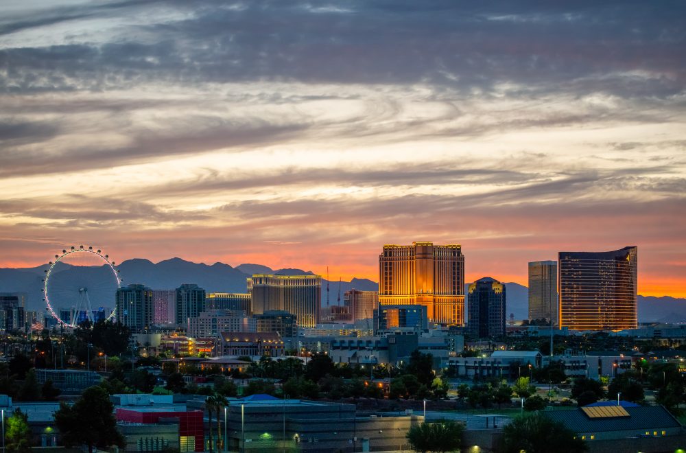 USA, Nevada, Clark County, Las Vegas. A scenic view of the famous Vegas skyline of casinos, hotels, and ferris wheel on the strip.