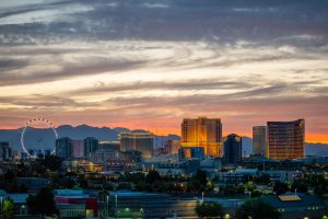 USA, Nevada, Clark County, Las Vegas. A scenic view of the famous Vegas skyline of casinos, hotels, and ferris wheel on the strip.
