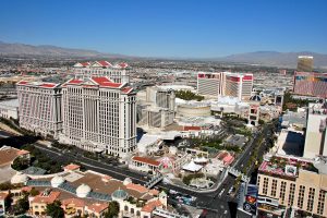 Caesars Palace and The Strip seen from Eiffel Tower replica at Paris Hotel and Casino Las Vegas Nevada USA