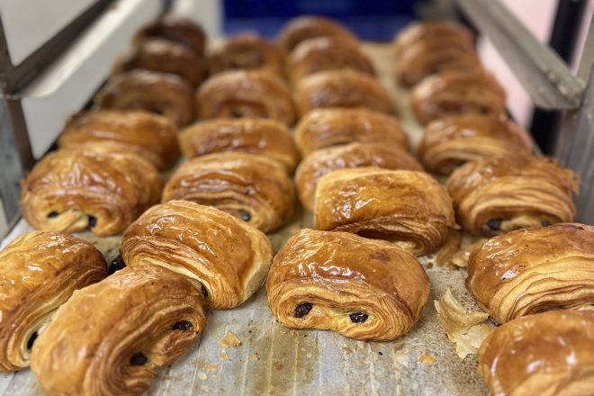 Tray of baked pains au chocolat