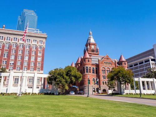 Dealy Plaza and its surrounding buildings in Downtown Dallas, part of the JFK assassination tour
