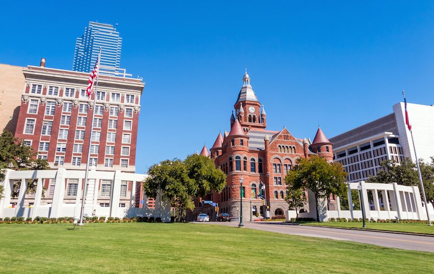 Dealy Plaza and its surrounding buildings in Downtown Dallas, part of the JFK assassination tour