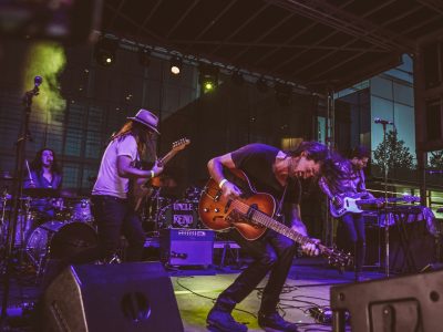 Band playing on stage during concert